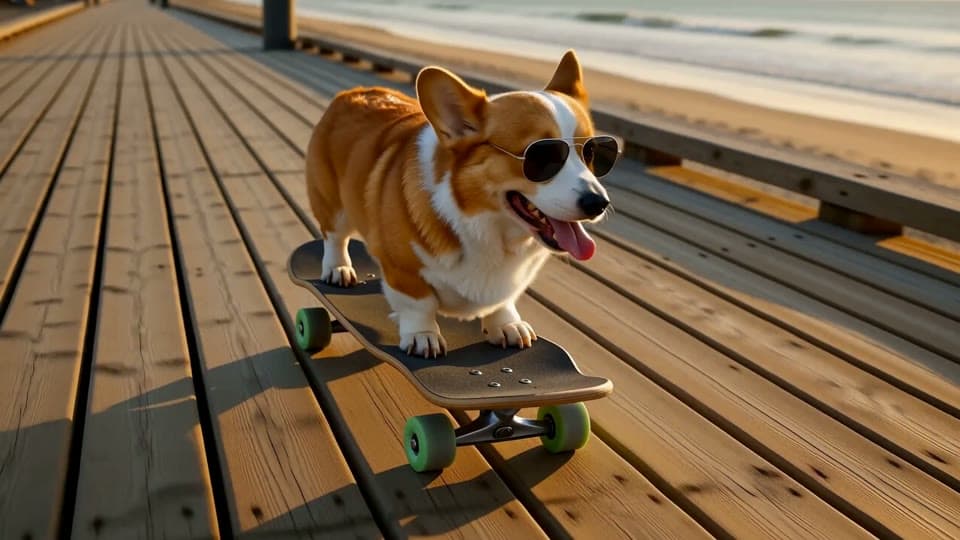 MiniMax H3's clip of a corgi in sunglasses skateboarding down a beach boardwalk