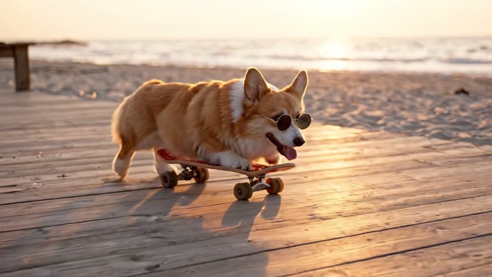 Veo 3.1 Lite's clip of a corgi in sunglasses skateboarding down a beach boardwalk