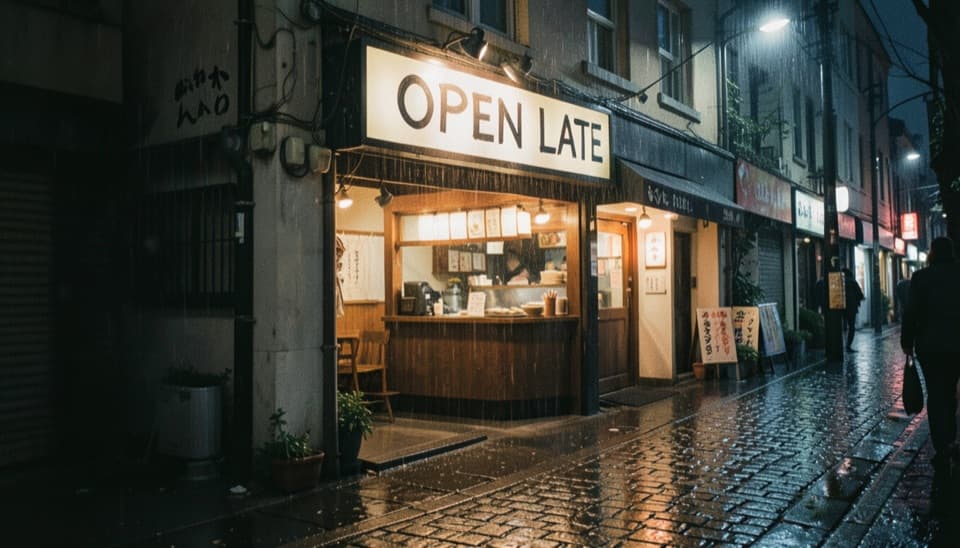FLUX.2 [klein] 4B's answer to the same prompt: a ramen bar sign reading OPEN LATE on a rainy night