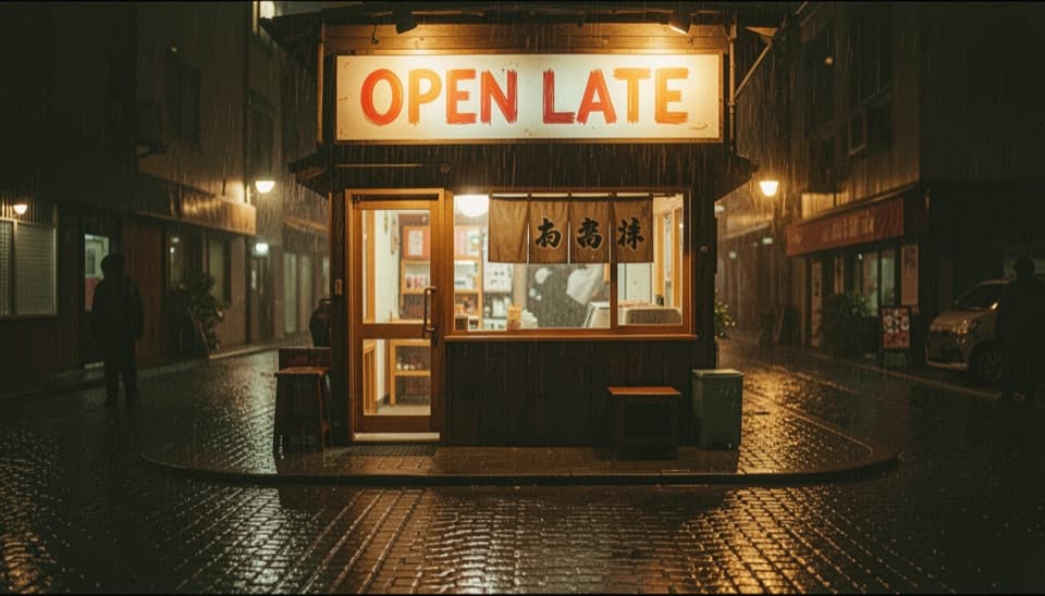 FLUX.2 [klein] 9B's answer to the same prompt: a ramen bar sign reading OPEN LATE on a rainy night
