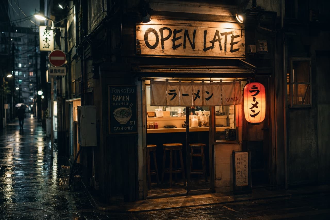 GPT Image 2's answer to the same prompt: a ramen bar sign reading OPEN LATE on a rainy night