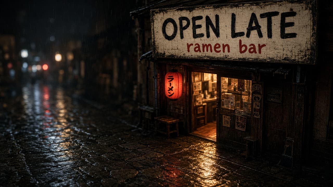 Grok Imagine 2.0's answer to the same prompt: a ramen bar sign reading OPEN LATE on a rainy night