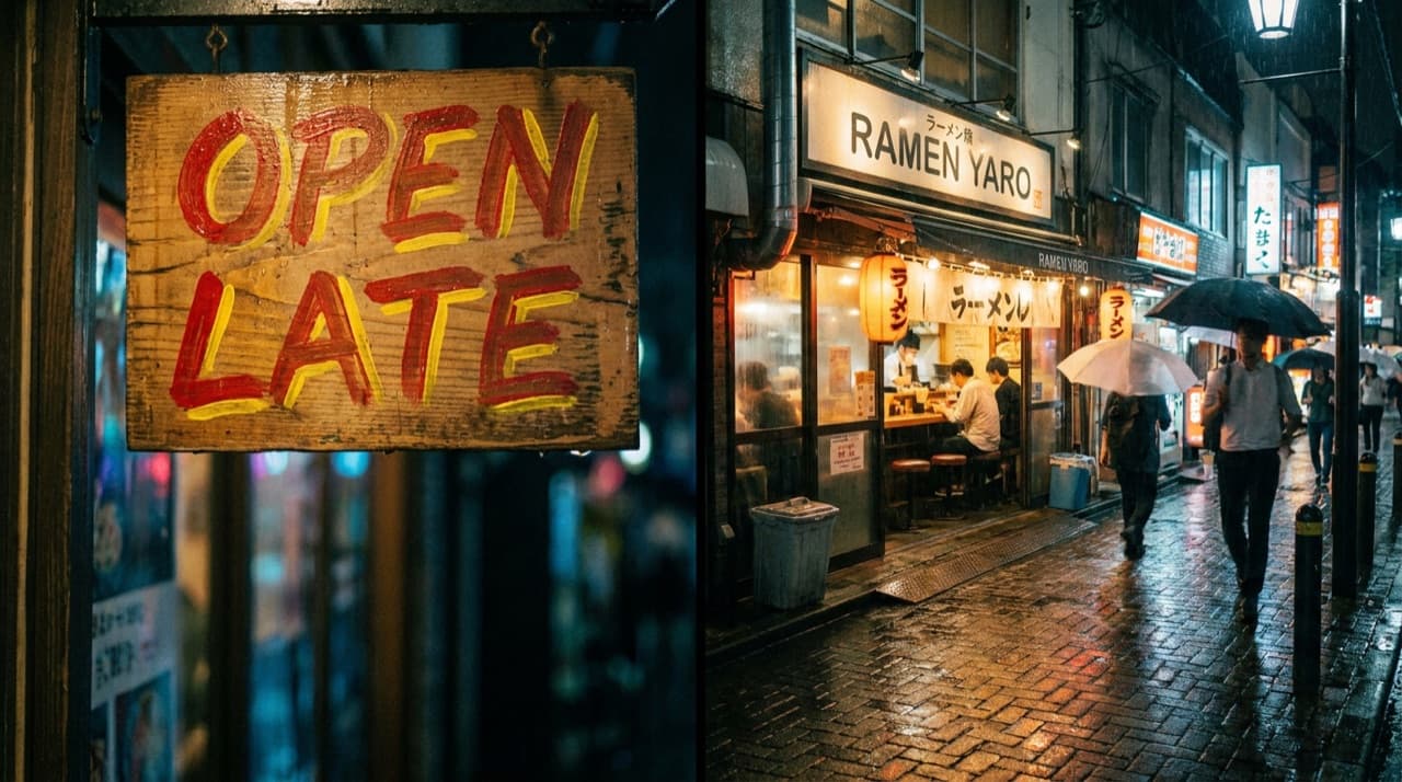 Nano Banana Pro's answer to the same prompt: a ramen bar sign reading OPEN LATE on a rainy night