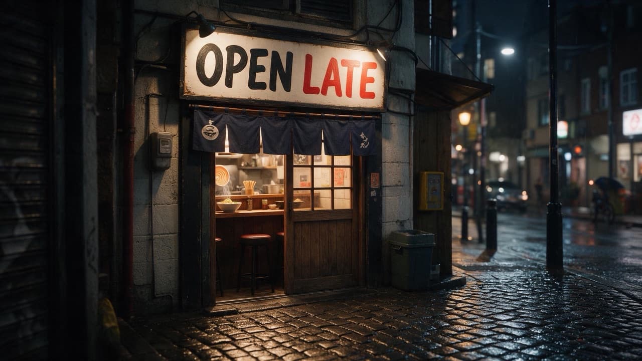 Seedream 5.0 Pro's answer to the same prompt: a ramen bar sign reading OPEN LATE on a rainy night