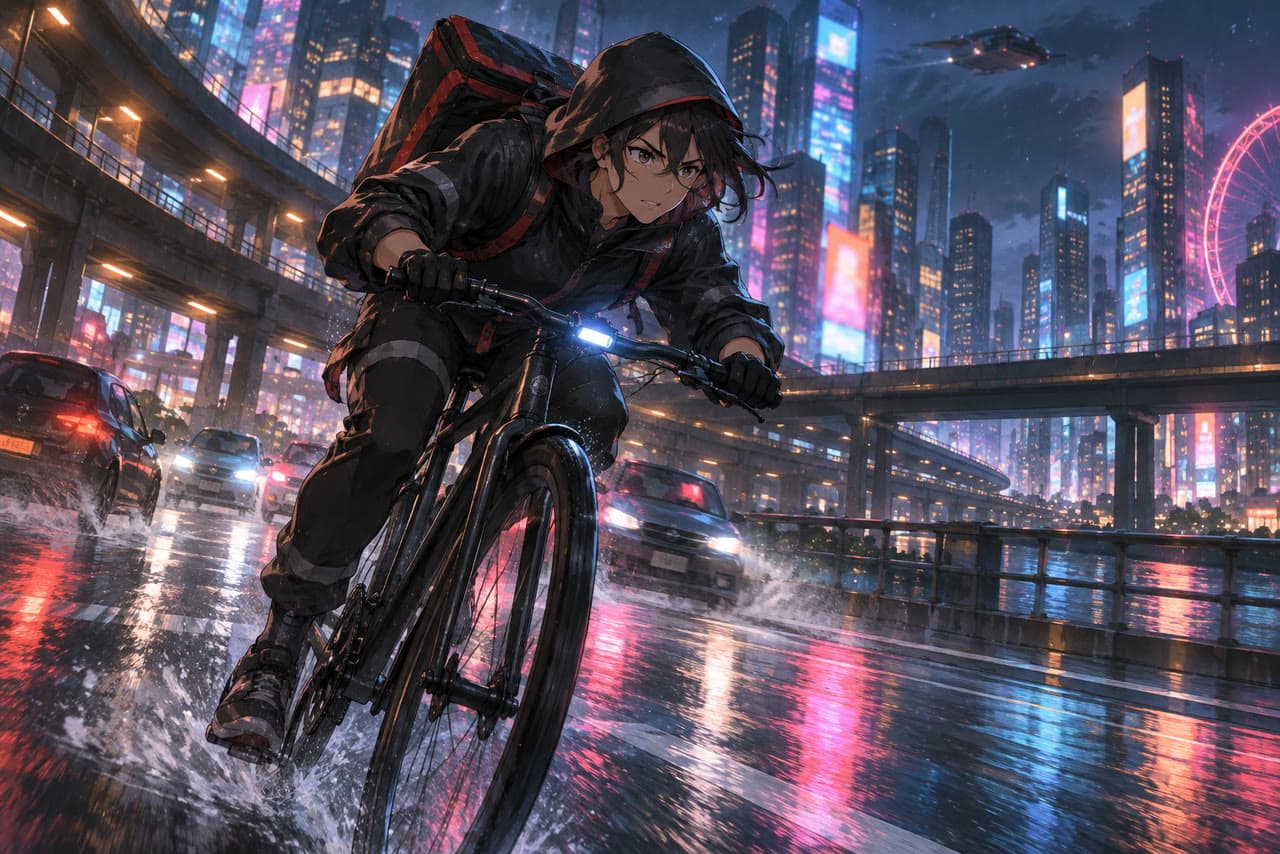 A bike courier in the neon rain, a real run on Leap