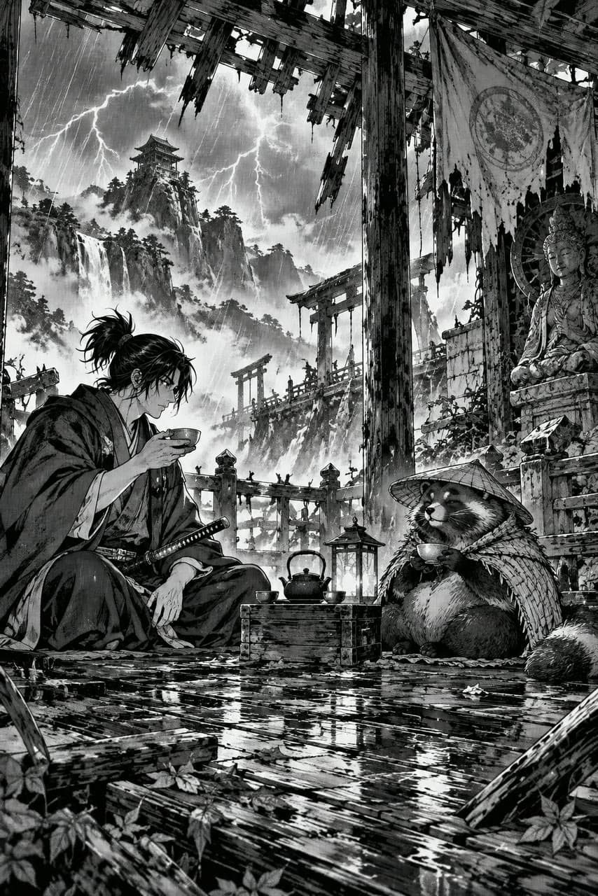 A samurai and a tanuki at tea, manga, a real run on Leap