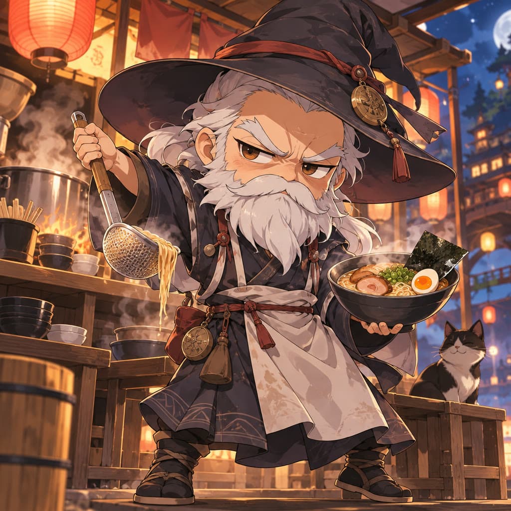 A grumpy wizard's ramen stall, chibi, a real run on Leap