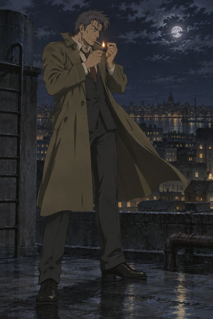 A detective on the rooftop, 90s anime, a real run on Leap