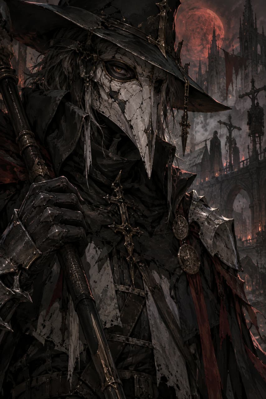 A plague doctor knight, dark fantasy, a real run on Leap