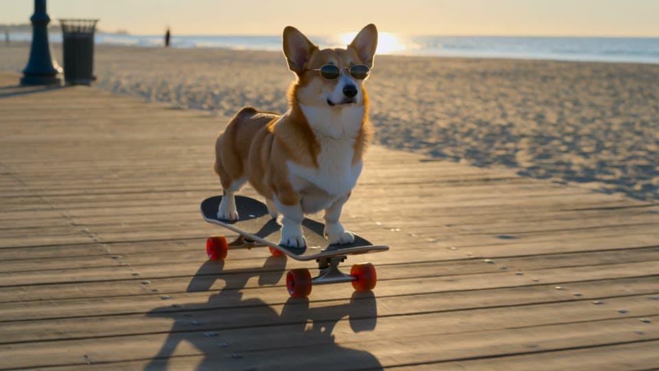 Kling 3.0's clip of a corgi in sunglasses skateboarding down a beach boardwalk