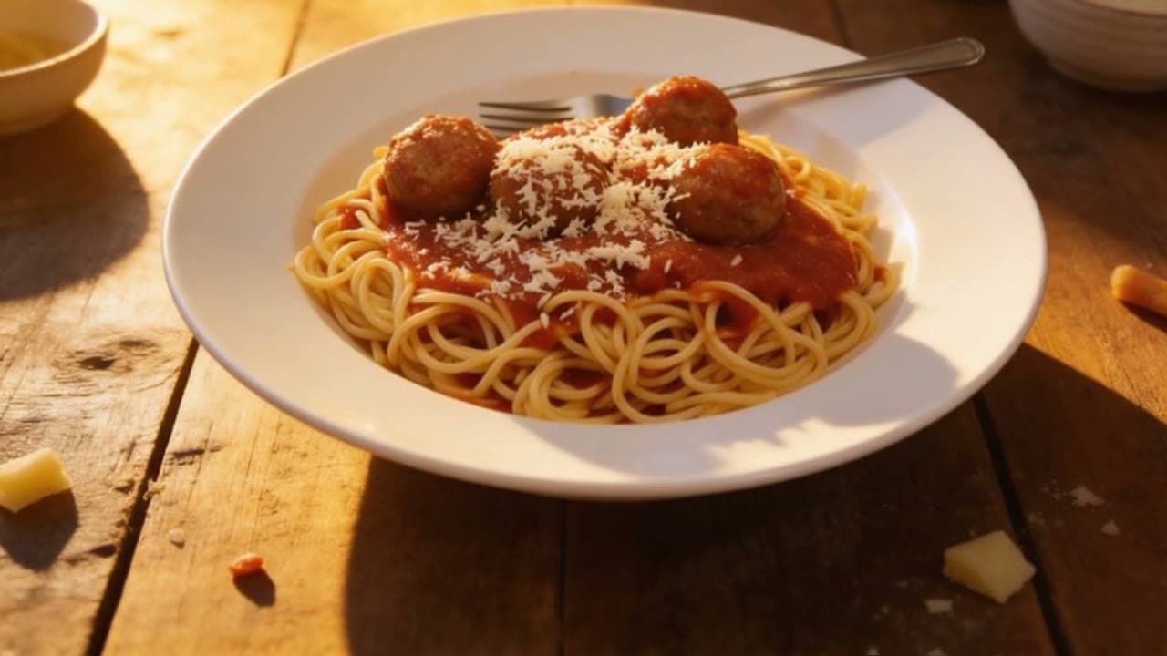 The spaghetti food photo, animated: steam and drifting sunlight