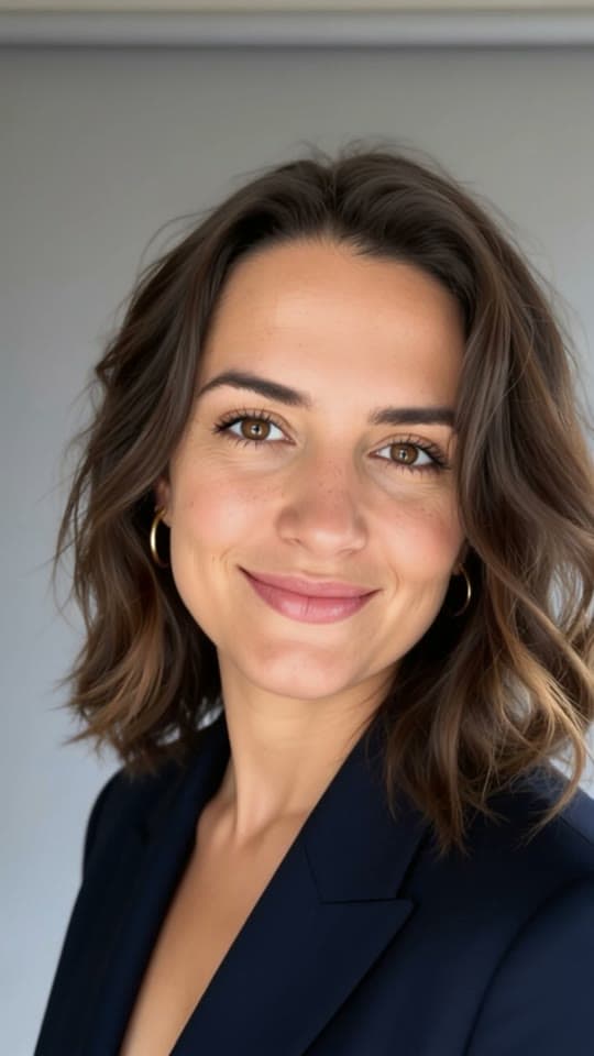 The headshot, animated: she smiles and tilts her head
