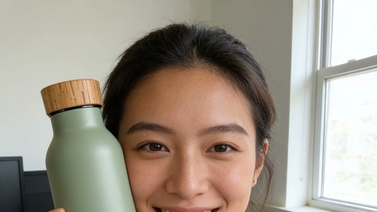 The UGC photo, speaking: she holds up the bottle and talks about it