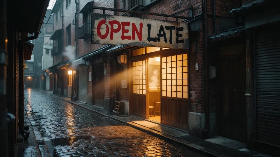 Grok Imagine's answer to the same prompt: a ramen bar sign reading OPEN LATE on a rainy night