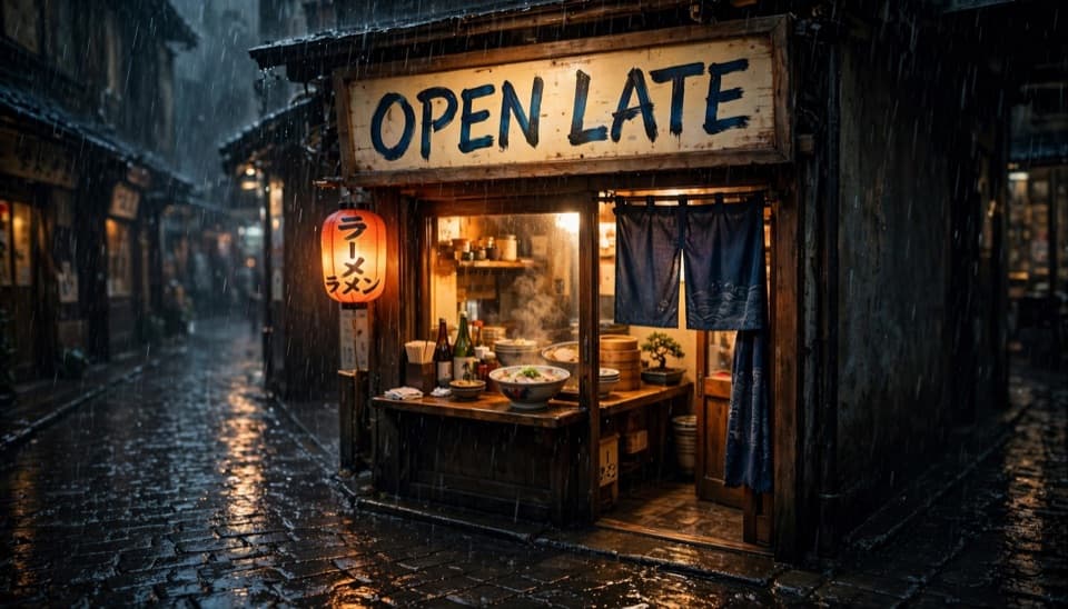 Muse Image 1.0's answer to the same prompt: a ramen bar sign reading OPEN LATE on a rainy night