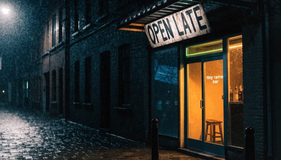 Recraft V4.1 Flash's answer to the same prompt: a ramen bar sign reading OPEN LATE on a rainy night