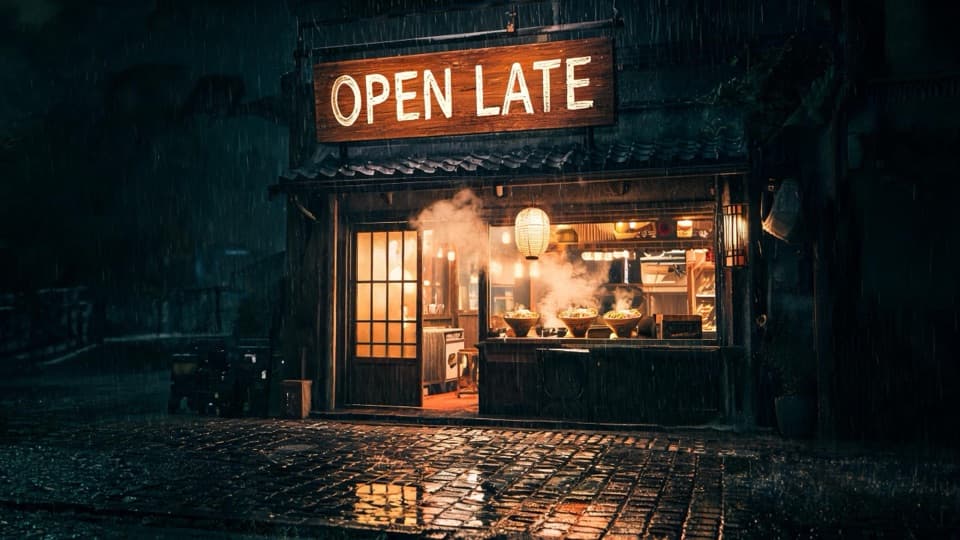 Seedream 5.0 Lite's answer to the same prompt: a ramen bar sign reading OPEN LATE on a rainy night