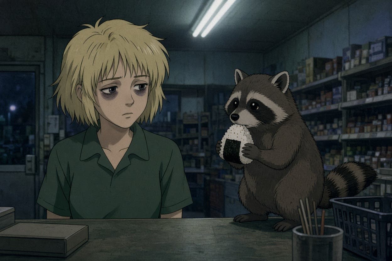 90s anime: the raccoon at 3 a.m., made on Leap