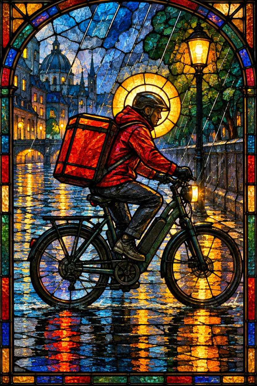Stained glass: the delivery rider, made on Leap