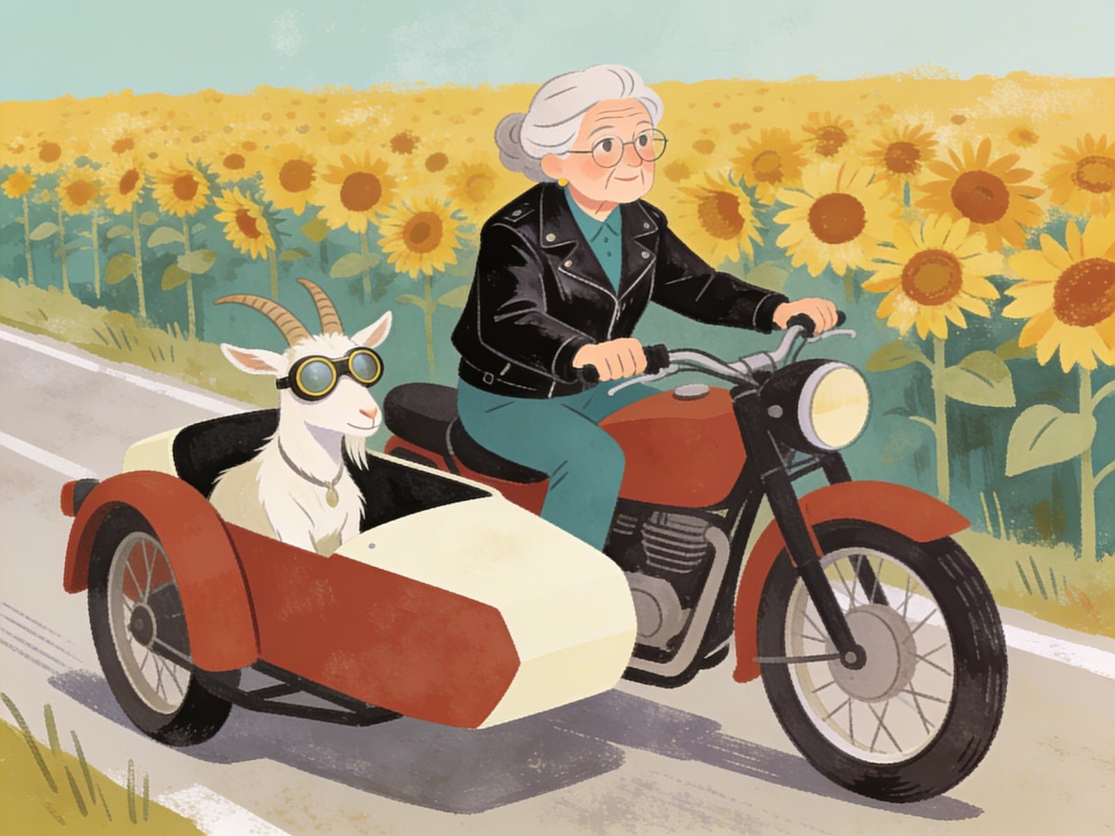Gouache: grandma, the goat and the sidecar, made on Leap