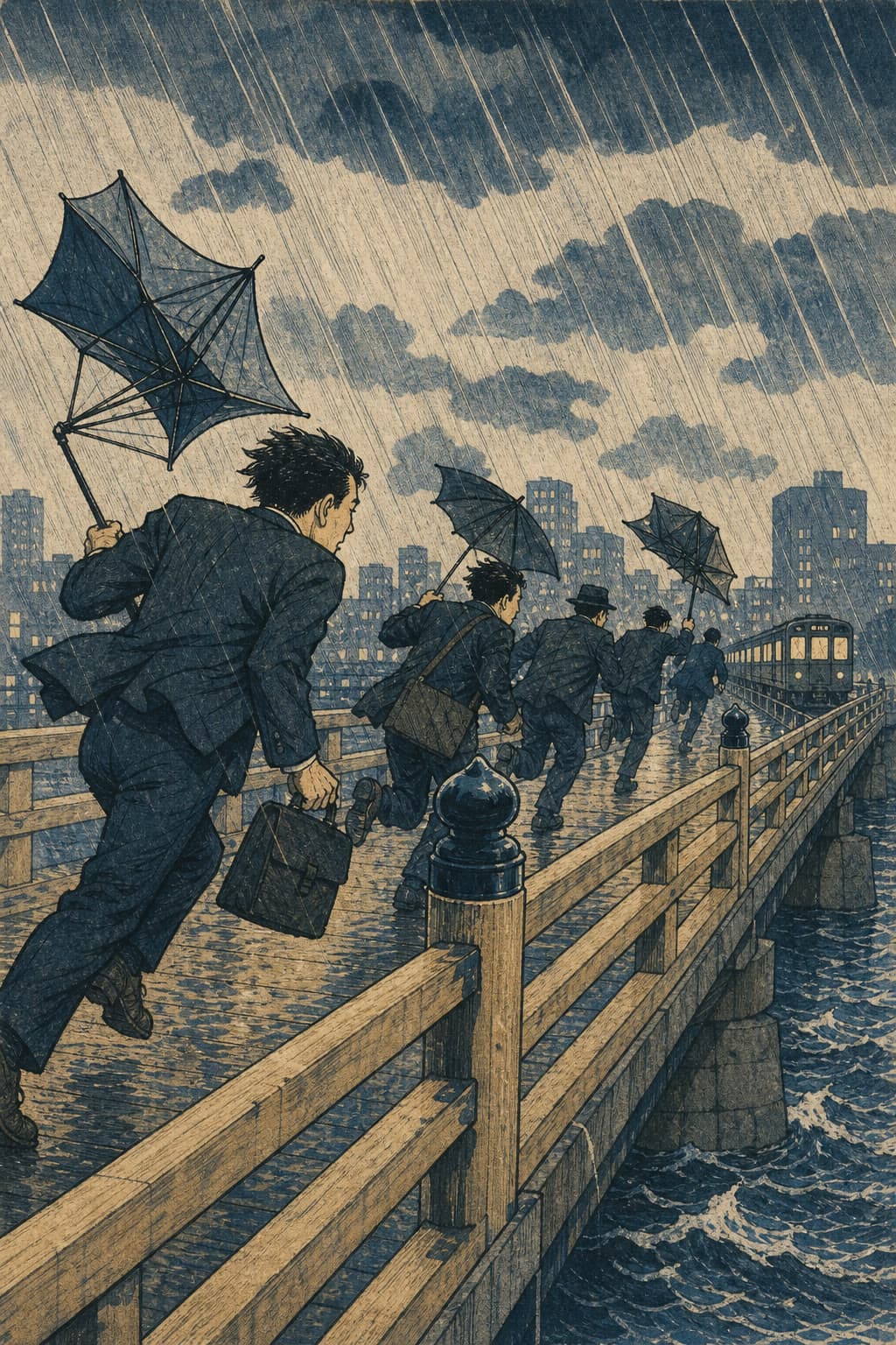 Woodblock print: the last train, made on Leap