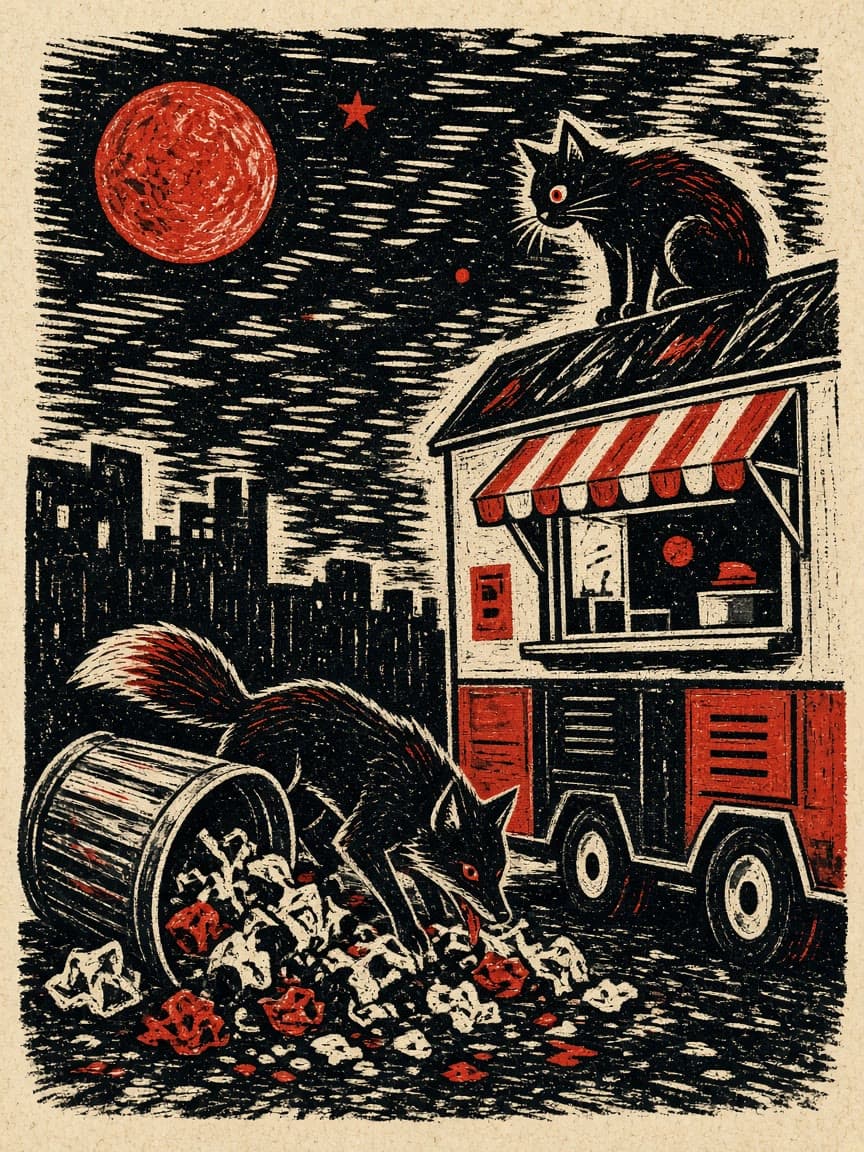 Linocut: the fox and the food truck, made on Leap