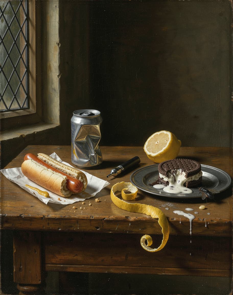 Oil: still life with a gas station hot dog, made on Leap