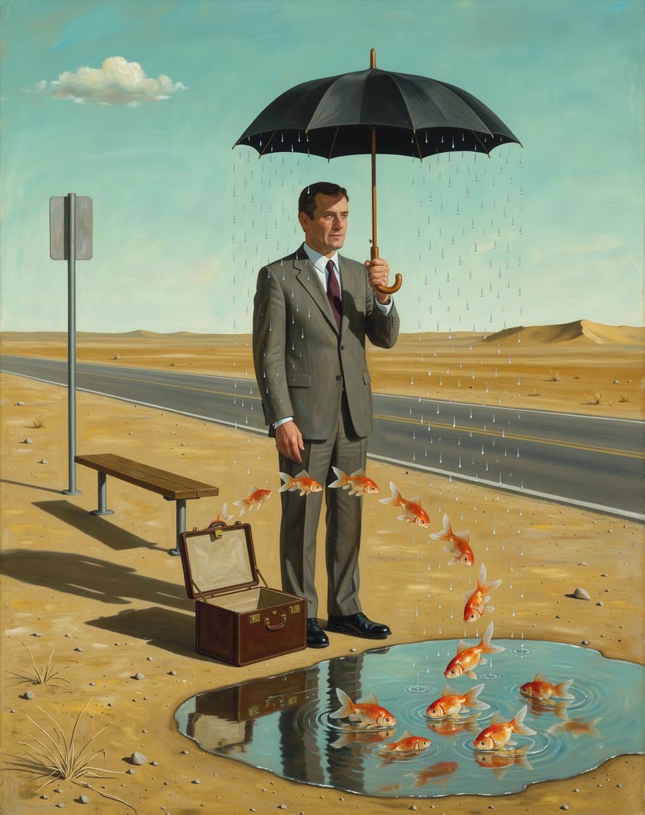 Surrealist oil: the bus stop in the desert, made on Leap