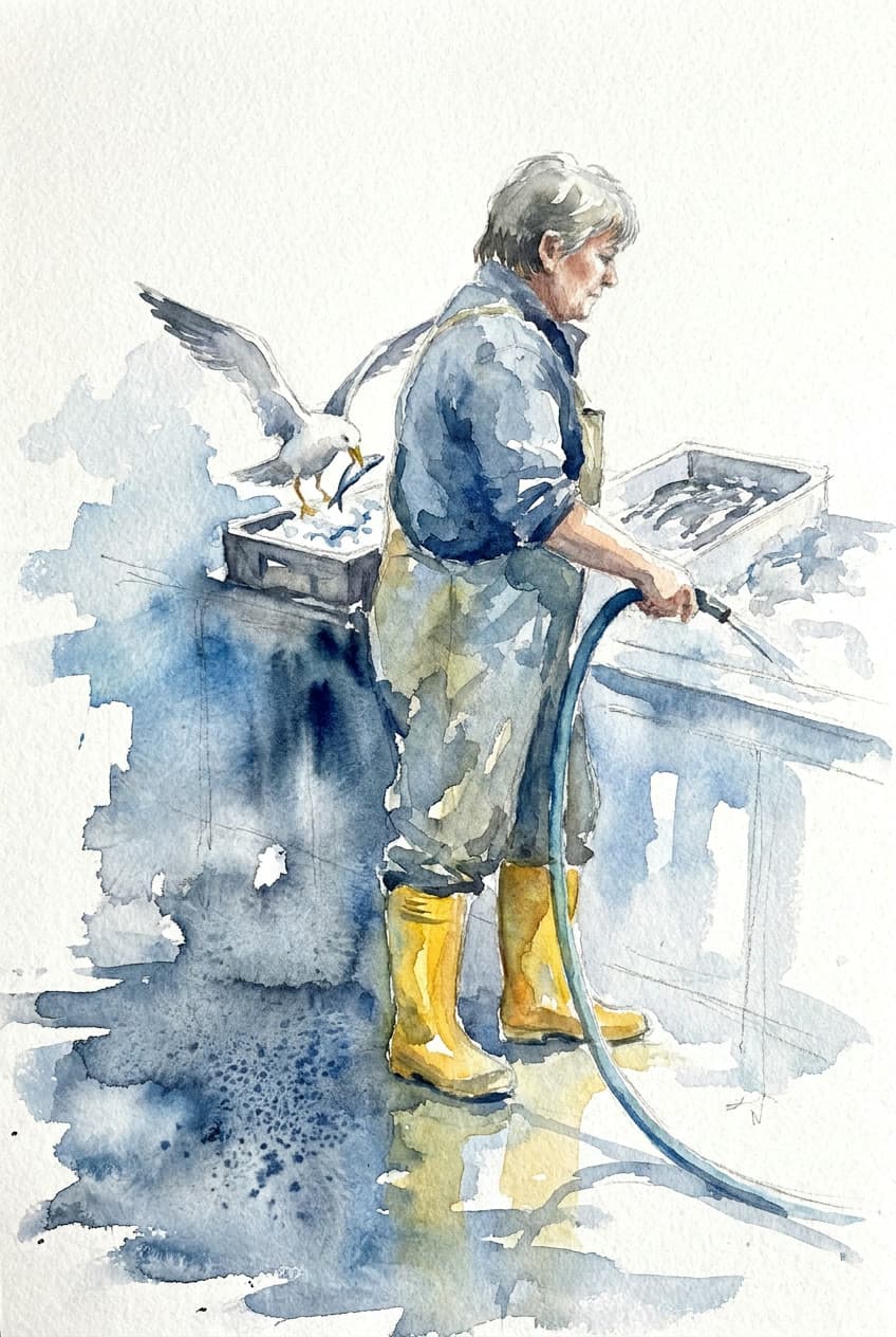 Watercolor: the fishmonger and the gull, made on Leap