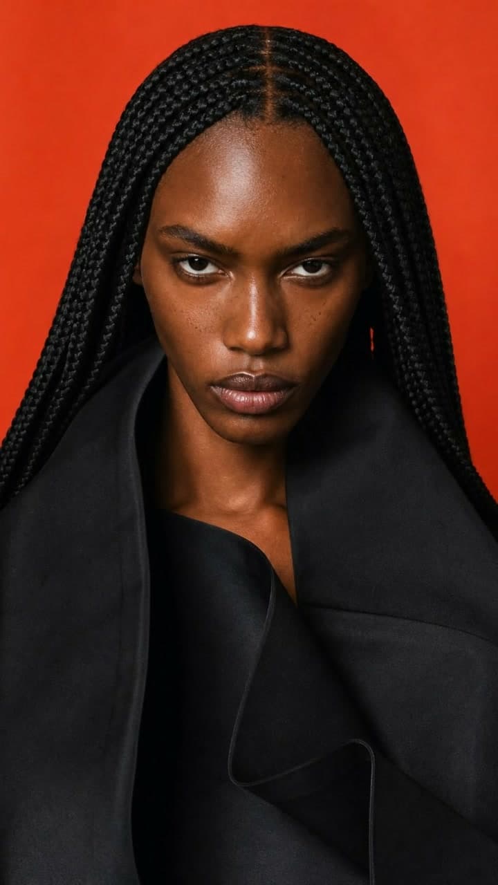 A woman with long braids on a red backdrop turns to give the camera a side-eye