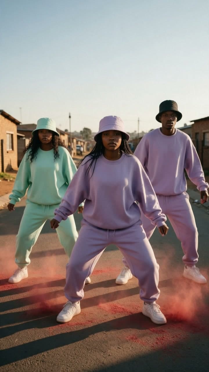 Three dancers in pastel tracksuits dance in a Soweto street at golden hour