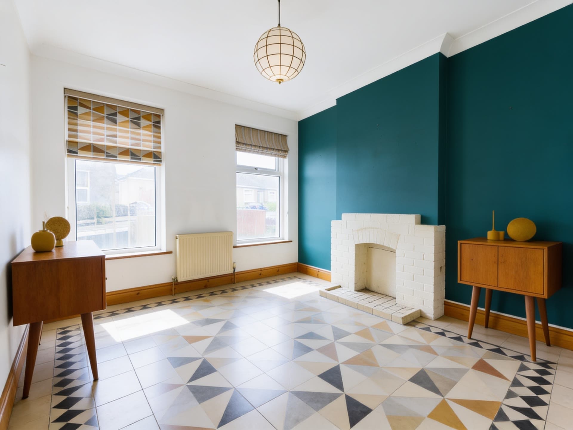 The same living room redesigned mid-century: teal wall, patterned tile floor, teak cabinets