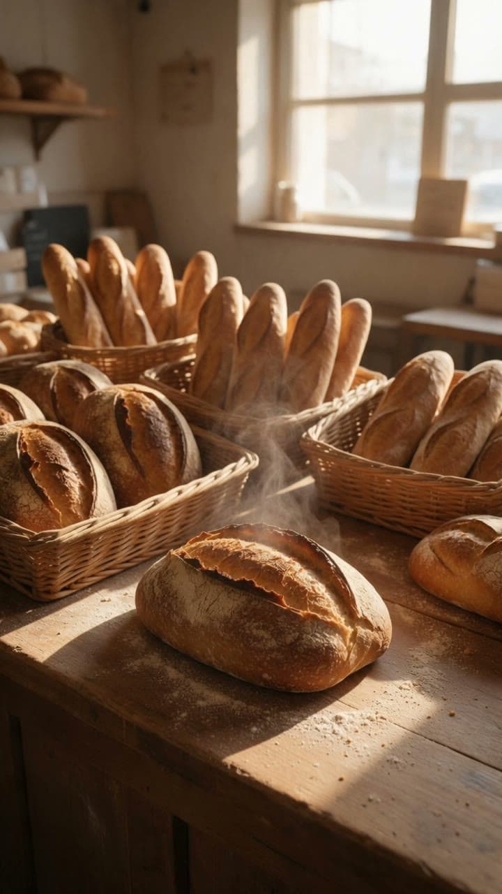 Steam rising off fresh loaves on a bakery counter