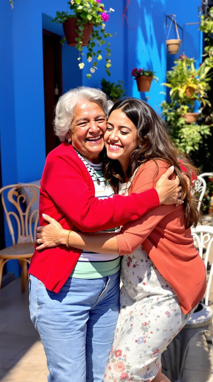 Foto de una abuela y su nieta abrazadas y riendo en un patio de paredes azules