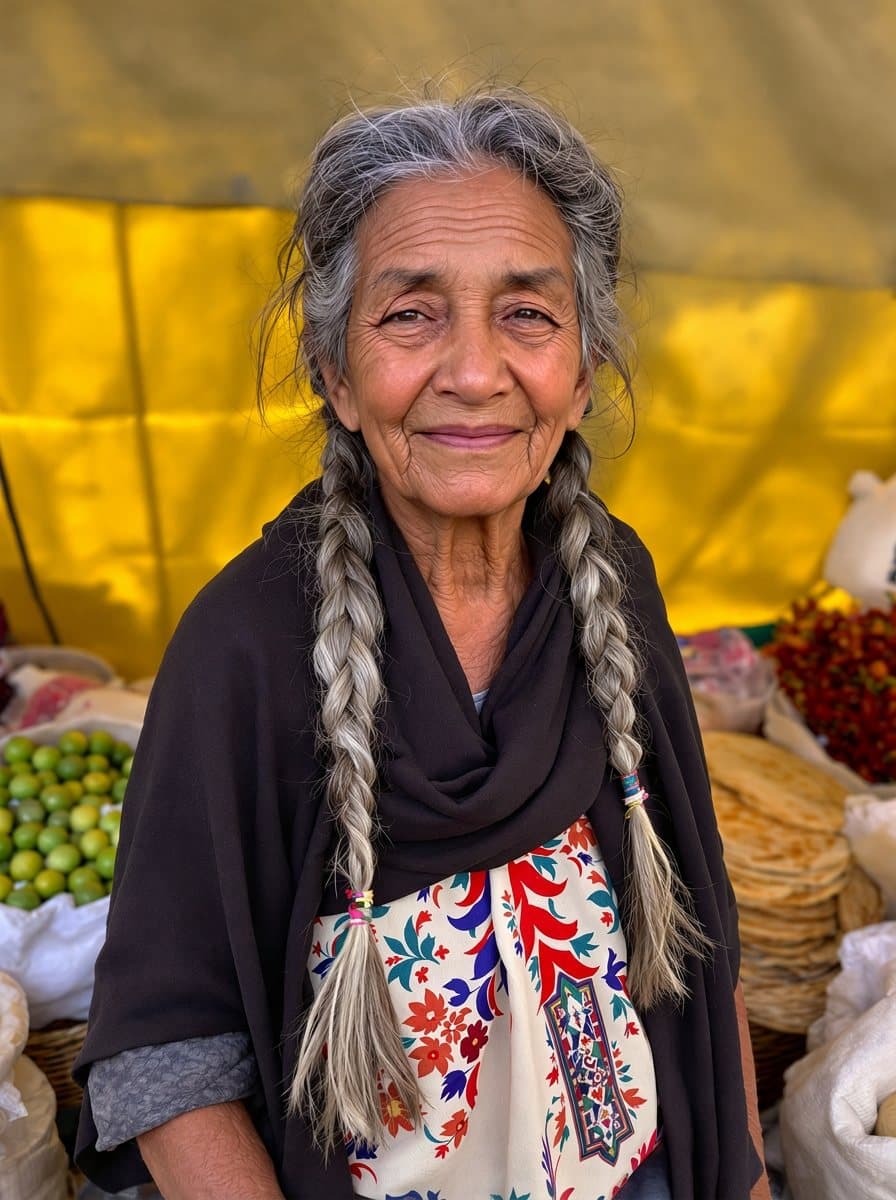 Foto de una abuela de trenzas canosas y blusa bordada en su puesto del mercado