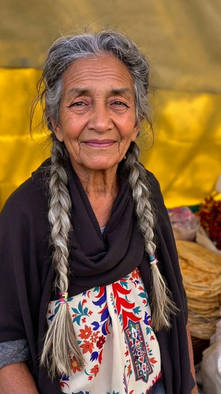 Clip de una abuela de trenzas canosas que pasa de una media sonrisa a una carcajada