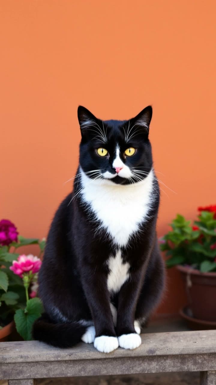 Clip de un gato blanco y negro que gira la cabeza y maúlla en un balcón con geranios