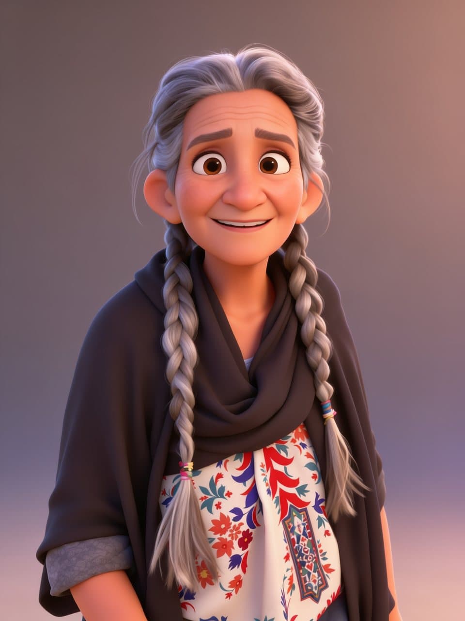 Ilustración 3D de una abuela de trenzas canosas y rebozo oscuro sonriendo