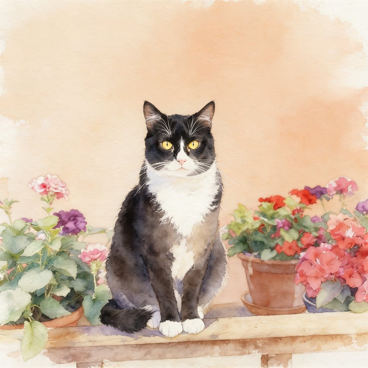 Acuarela de un gato blanco y negro sentado entre macetas con geranios
