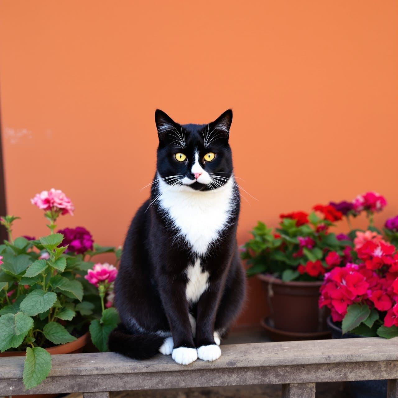Foto de un gato blanco y negro sentado en un balcón con geranios y una pared terracota