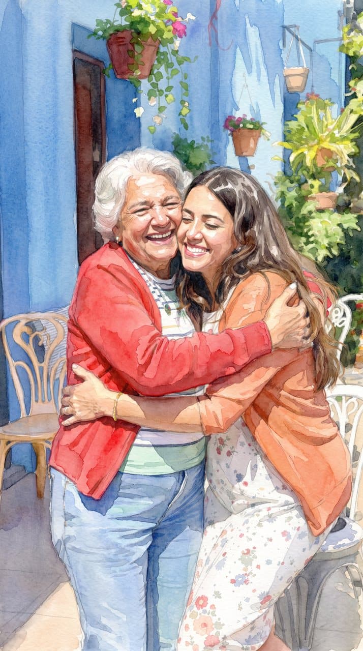 Acuarela de una abuela de cárdigan rojo abrazando a su nieta en un patio de paredes azules