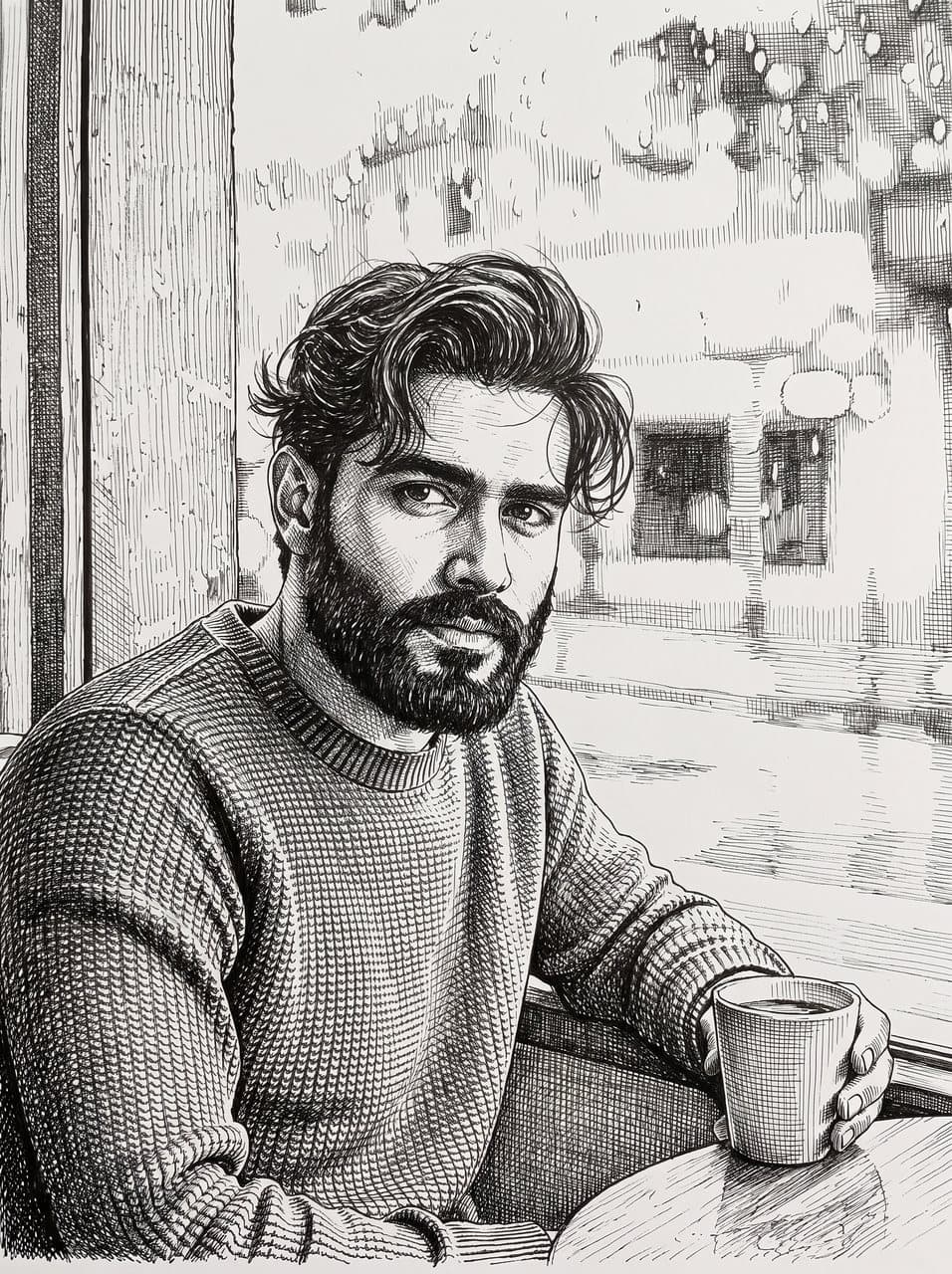 Dibujo en tinta de un hombre de barba y suéter junto a la ventana de un café con una taza