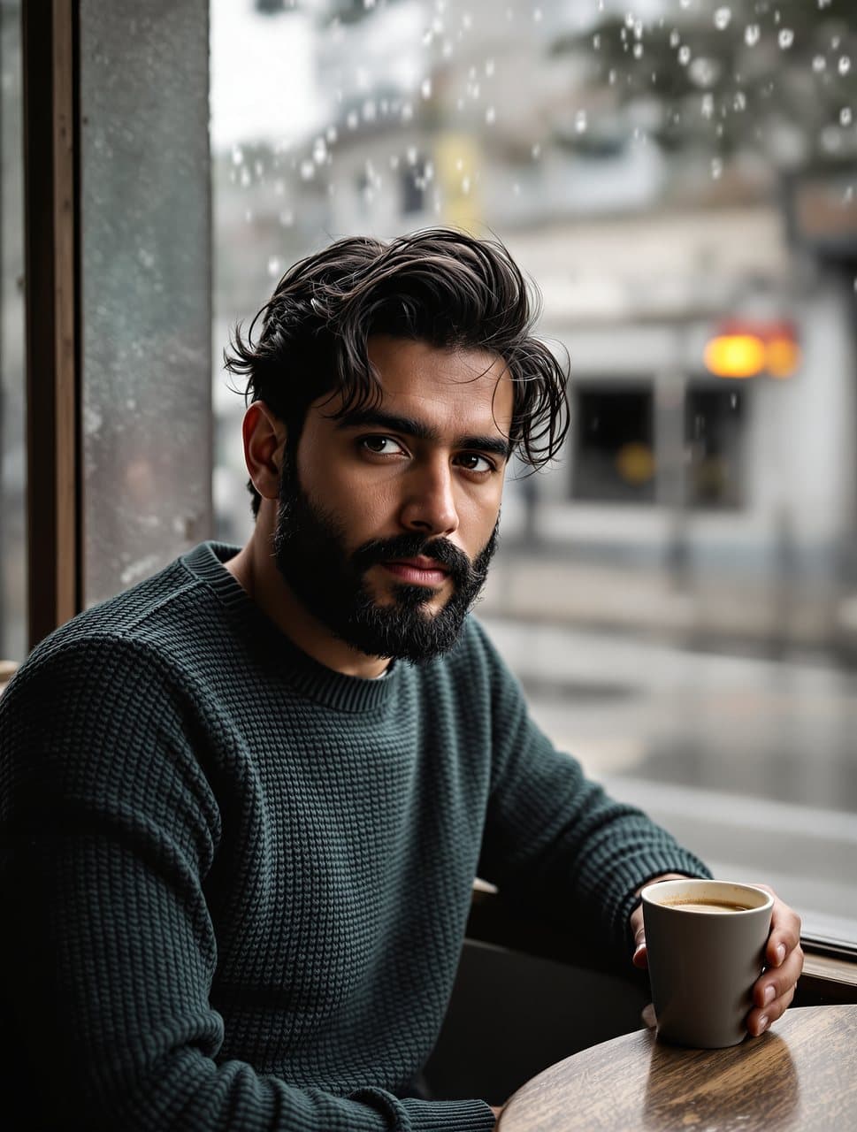 Un hombre de barba y suéter verde junto a una ventana con lluvia en un café