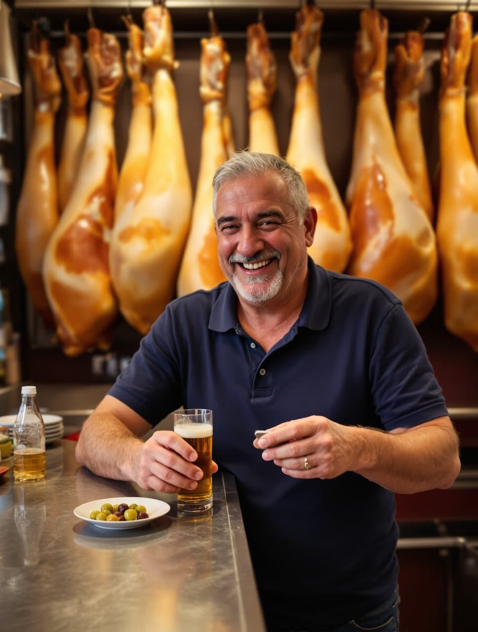 Un hombre de polo azul marino riendo en la barra de un bar de tapas con jamones colgados