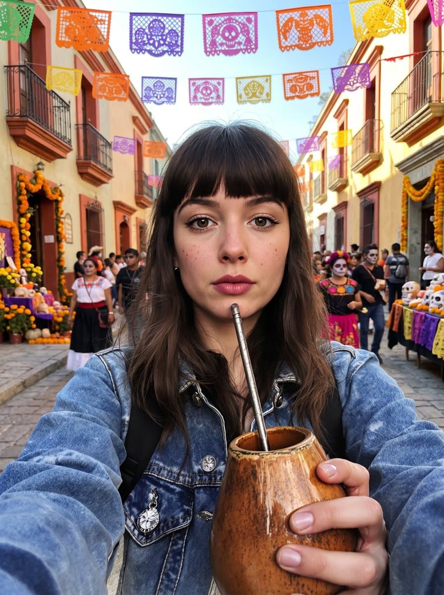 La misma chica de flequillo con su mate, ahora en una calle con papel picado y flores de cempasúchil