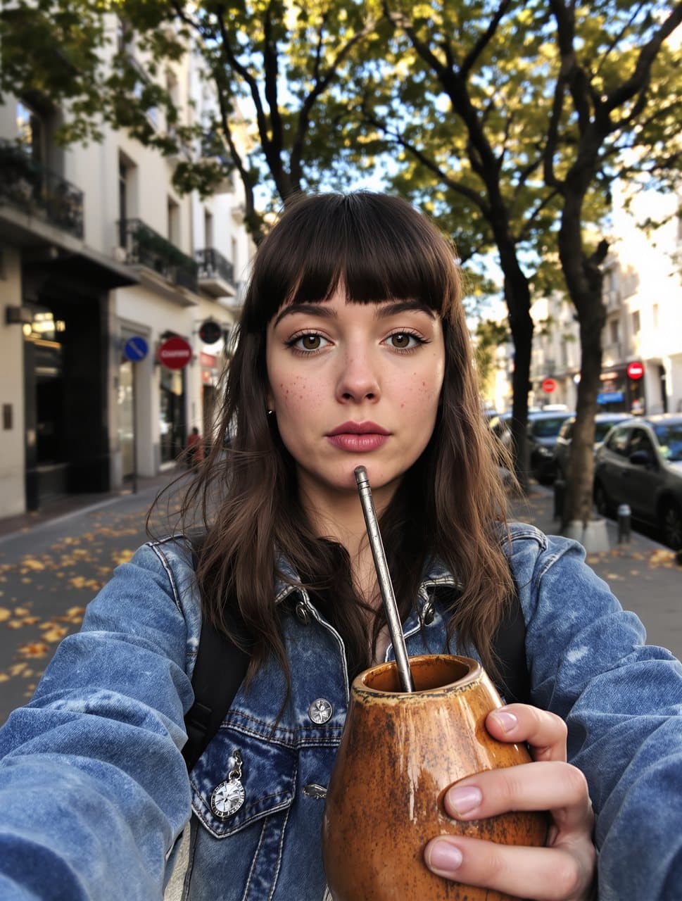 Selfie de una chica de flequillo y chaqueta de mezclilla con un mate en una calle arbolada