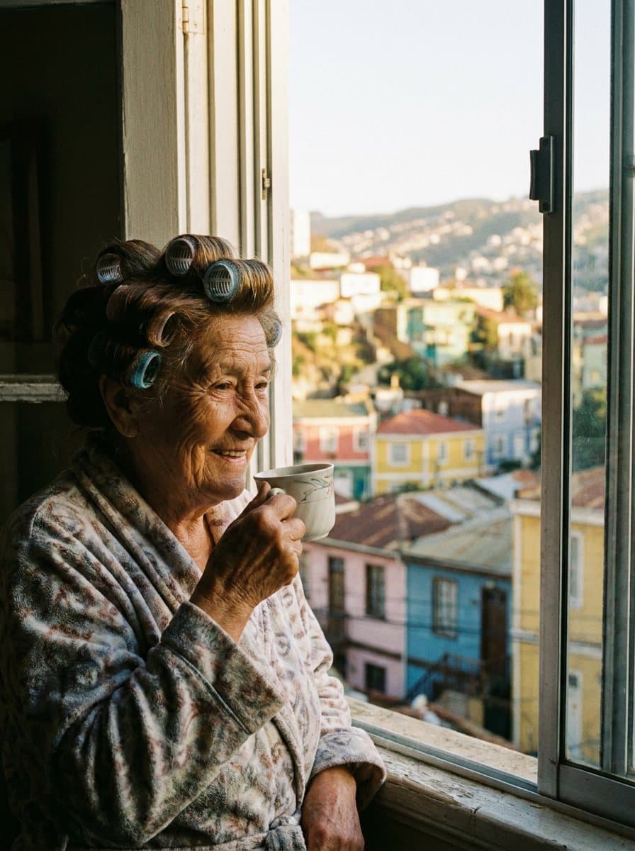 Una abuela con tubos en el pelo tomando café junto a la ventana, con cerros de casas de colores detrás