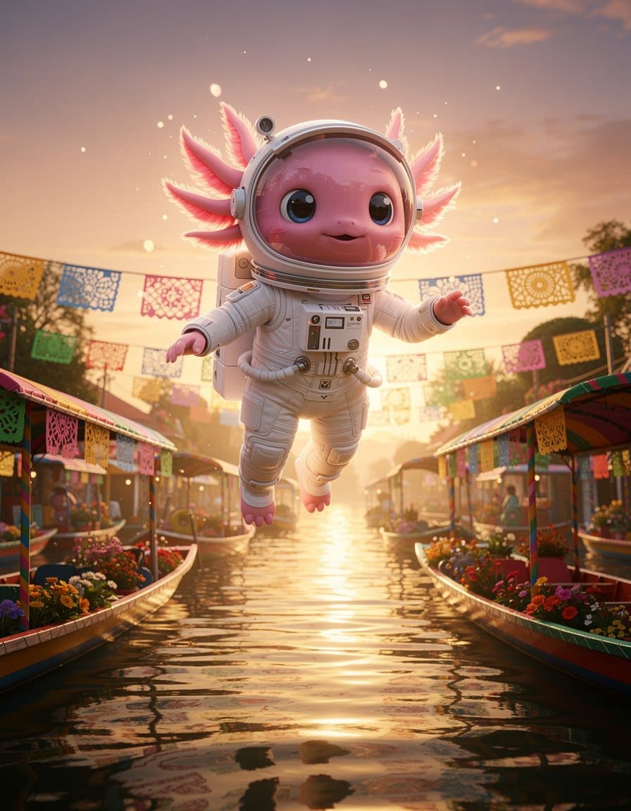 Un ajolote rosa con traje de astronauta flotando sobre las trajineras de Xochimilco