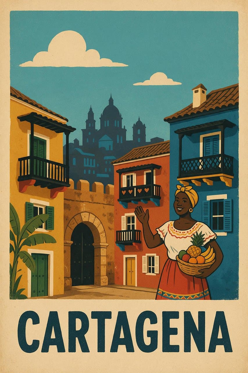 Póster retro en serigrafía de Cartagena con balcones de colores y una palenquera con frutas