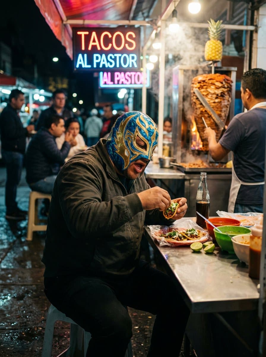 Un luchador enmascarado comiendo tacos al pastor en un puesto callejero de noche con letreros de neón